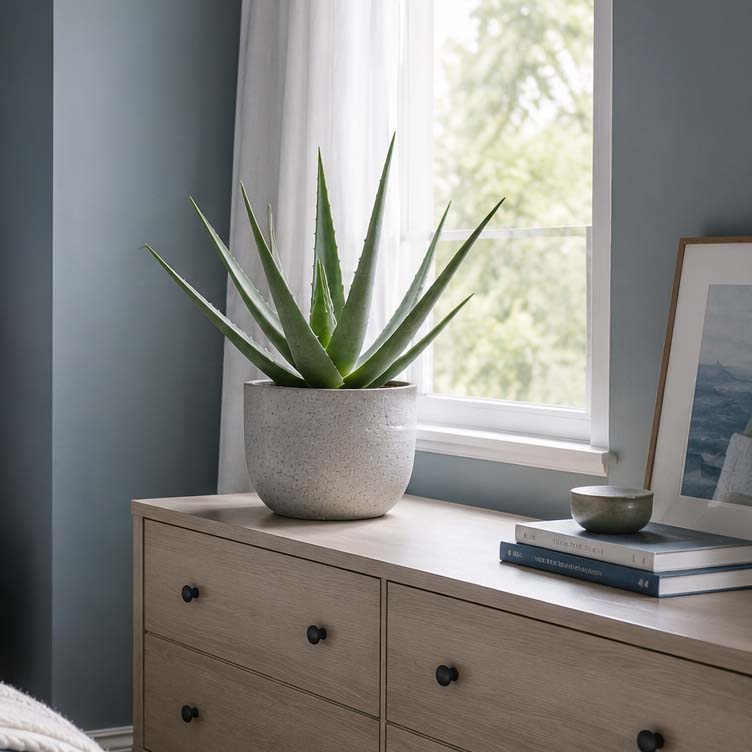 Aloe Vera is one of the best houseplants that can help you sleep, displayed on a bedroom dresser beside a sunny window in a calming blue bedroom.