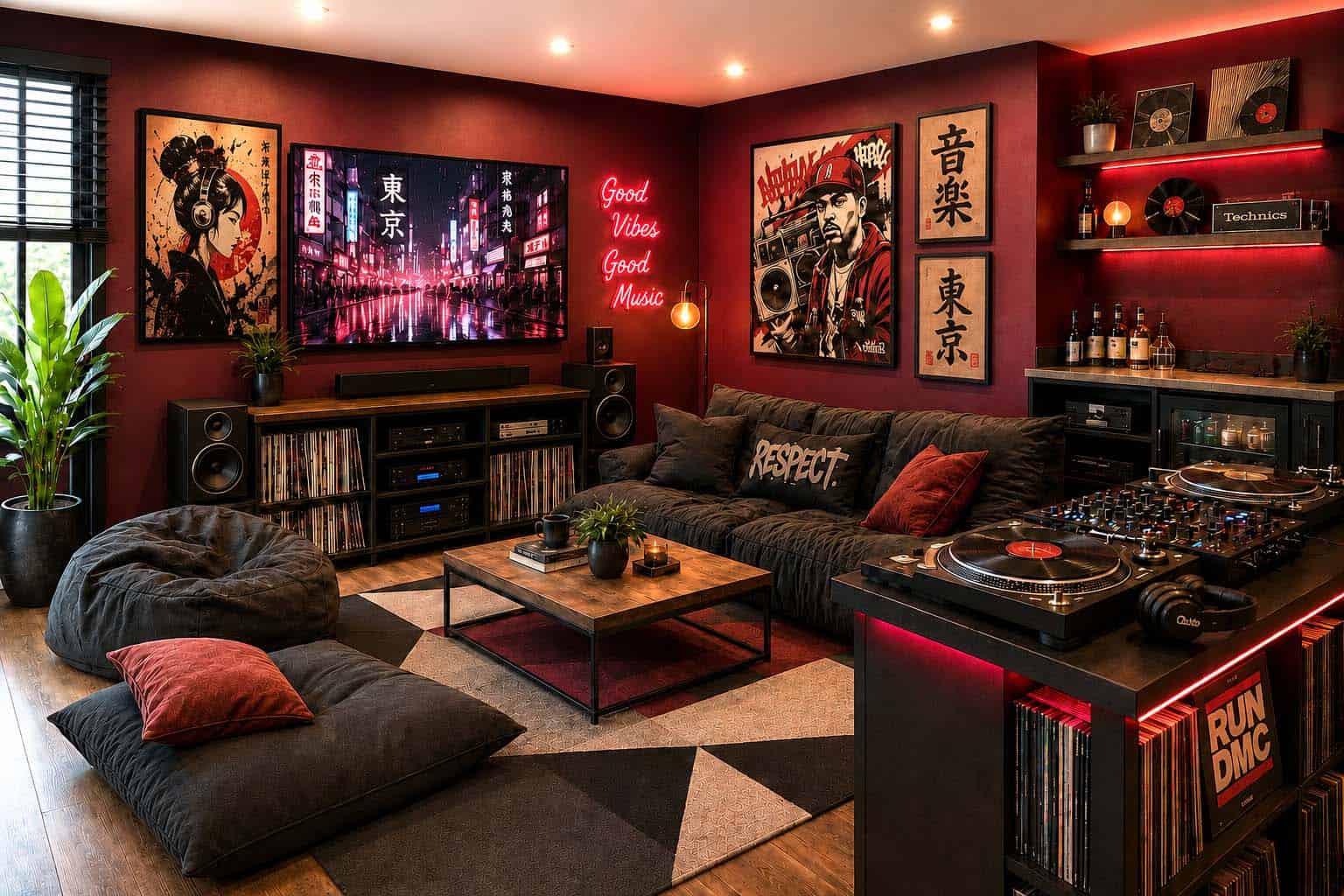 Burgundy man cave with a DJ setup, turntables, speakers, relaxed lounge seating, geometric rug, and Japanese hip hop inspired artwork.