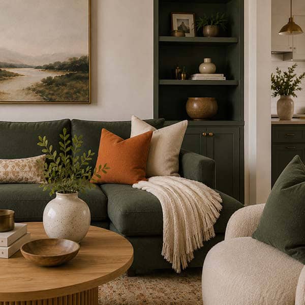 Close-up of a sage green sofa, built-in cabinetry, and coordinating furnishings showing how a supporting color adds depth and balance to a neutral living room.