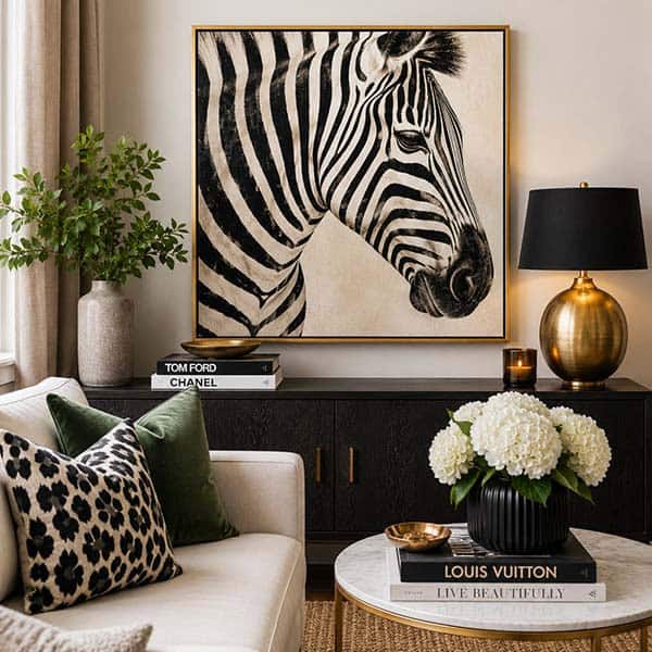 Zebra artwork shows how to decorate with animal print using bold wall art in a modern living room.