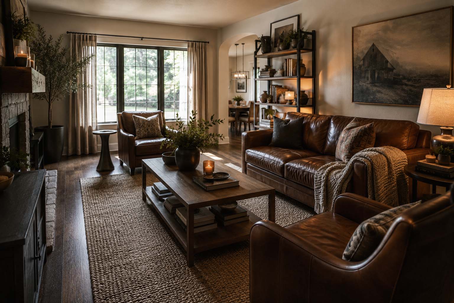 Warm brown living room with leather furniture, layered textures, natural light, and balanced décor creating a welcoming atmosphere for guests.
