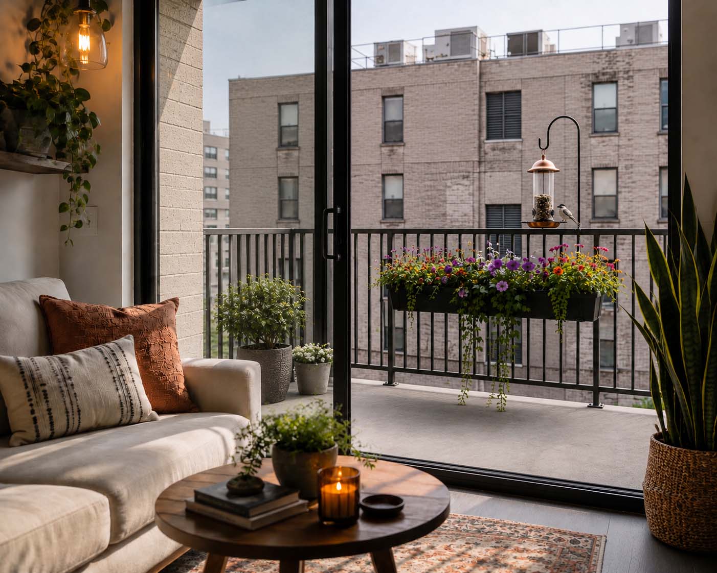 Bird feeder and flower-filled apartment balcony helping fix an ugly view by bringing birds, color, and nature to a neighboring building backdrop.