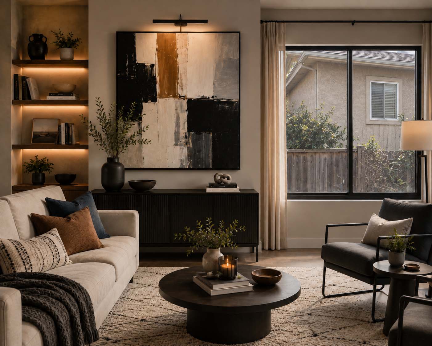 Large abstract artwork creates a focal point in a modern living room, drawing attention away from an ugly view outside the window.