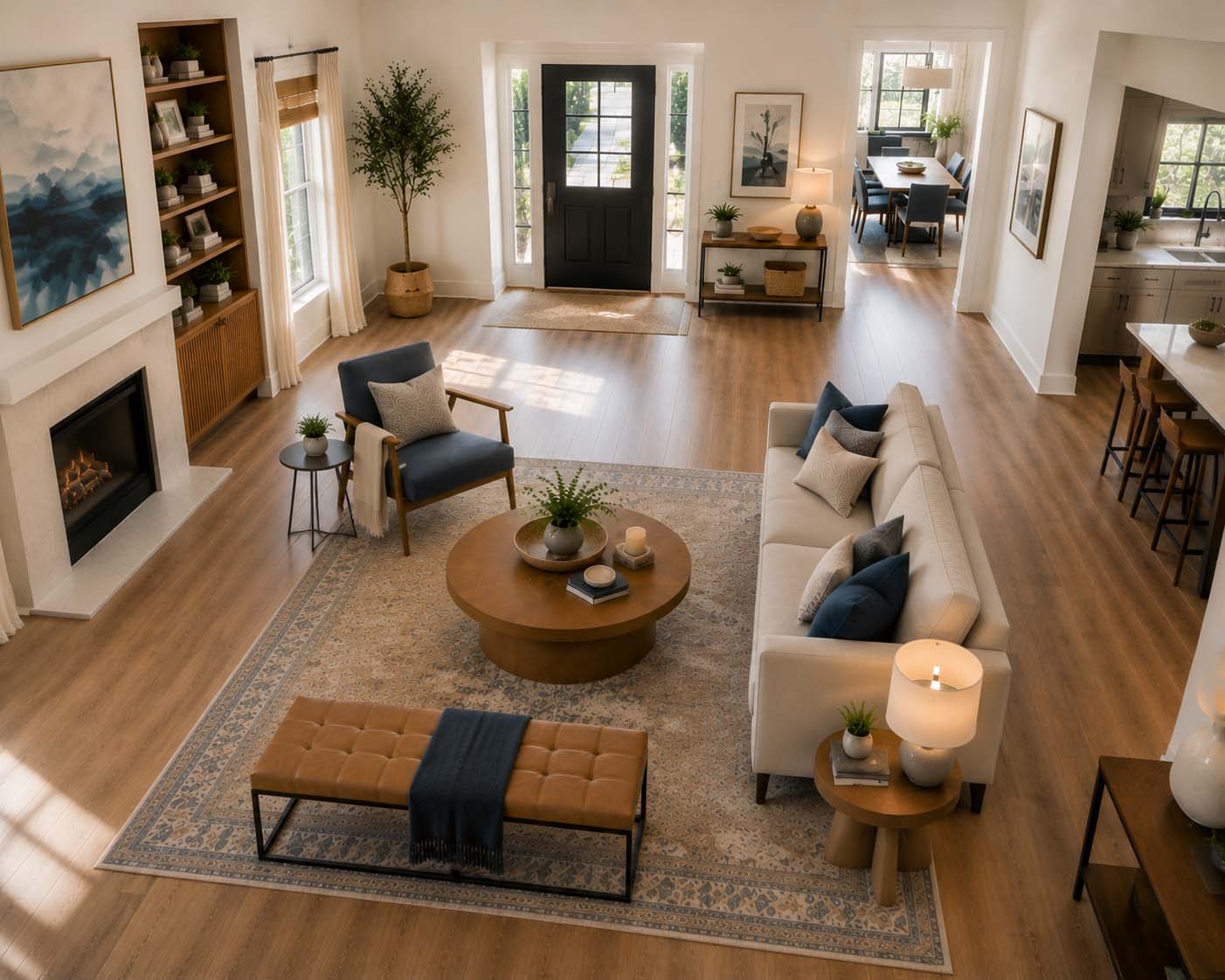 Contemporary living room with an intentional furniture layout, showing clear walkways, a balanced conversation area, and an open floor plan that supports comfortable movement throughout the home.