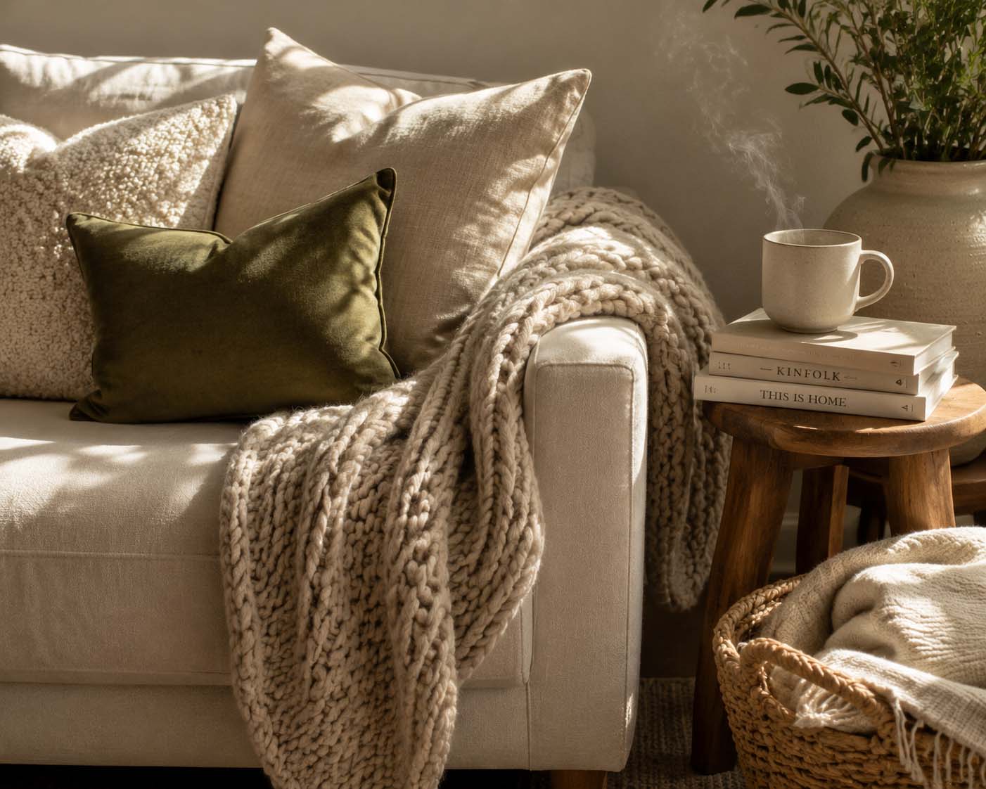 Decorate with texture by layering a chunky knit throw, textured pillows, warm wood, and woven accents on a contemporary living room sofa.