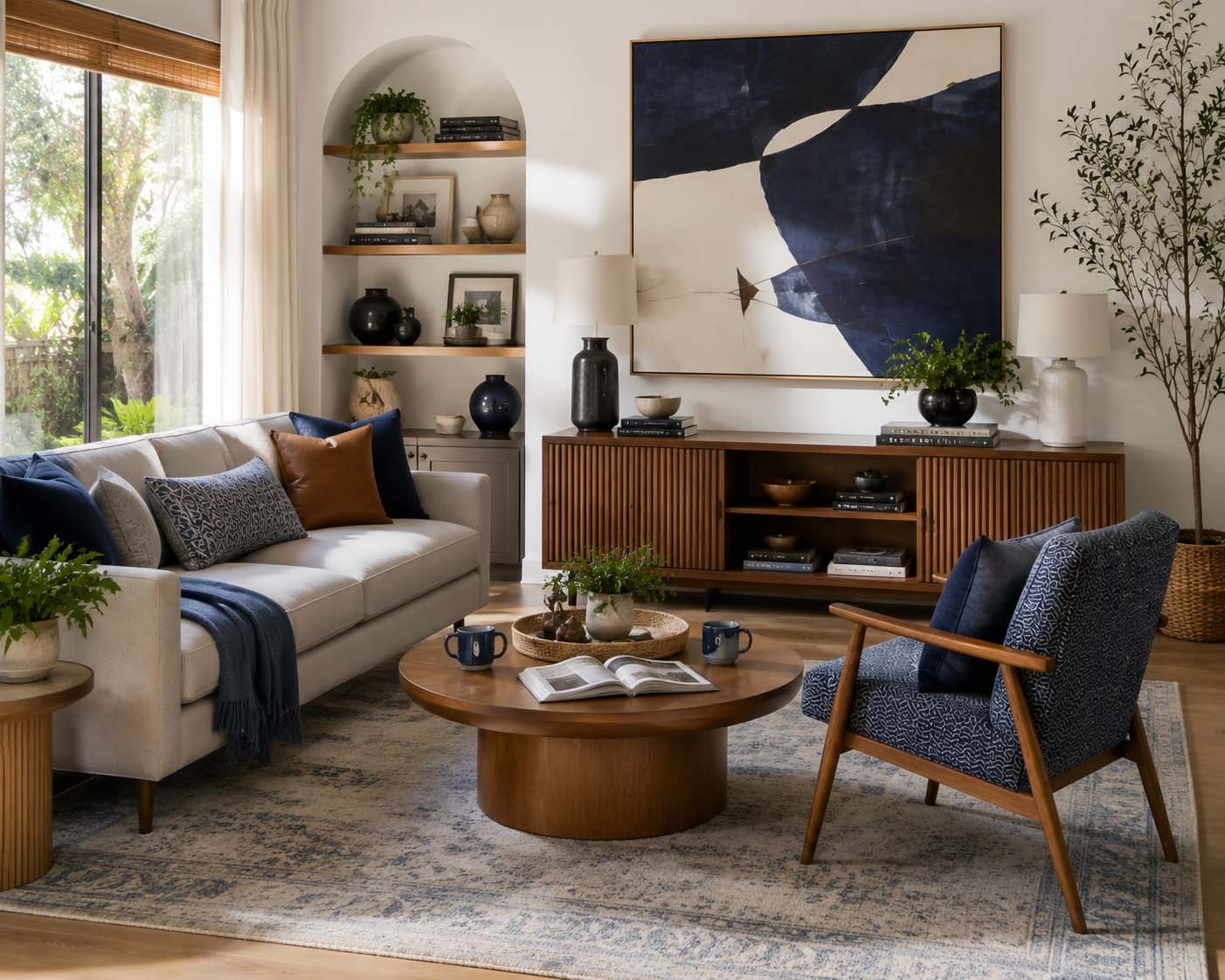 Contemporary living room with a sofa, patterned blue accent chair, round wood coffee table, and curated décor arranged to encourage conversation and everyday living.