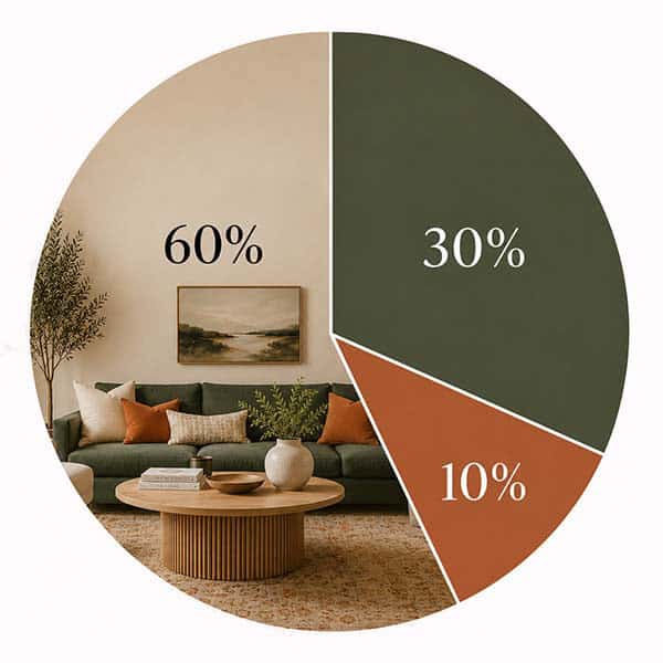 Infographic illustrating the 60-30-10 rule of design with a pie chart showing 60% warm neutral, 30% olive green, and 10% terracotta for a balanced interior color palette.