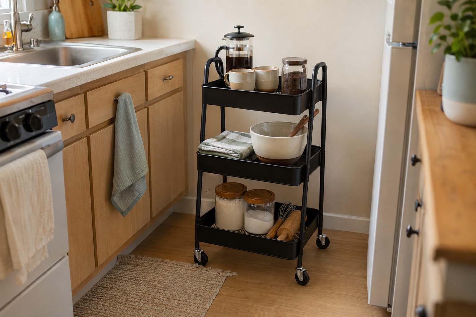 Rolling cart with coffee and baking supplies provides flexible storage in a small kitchen.