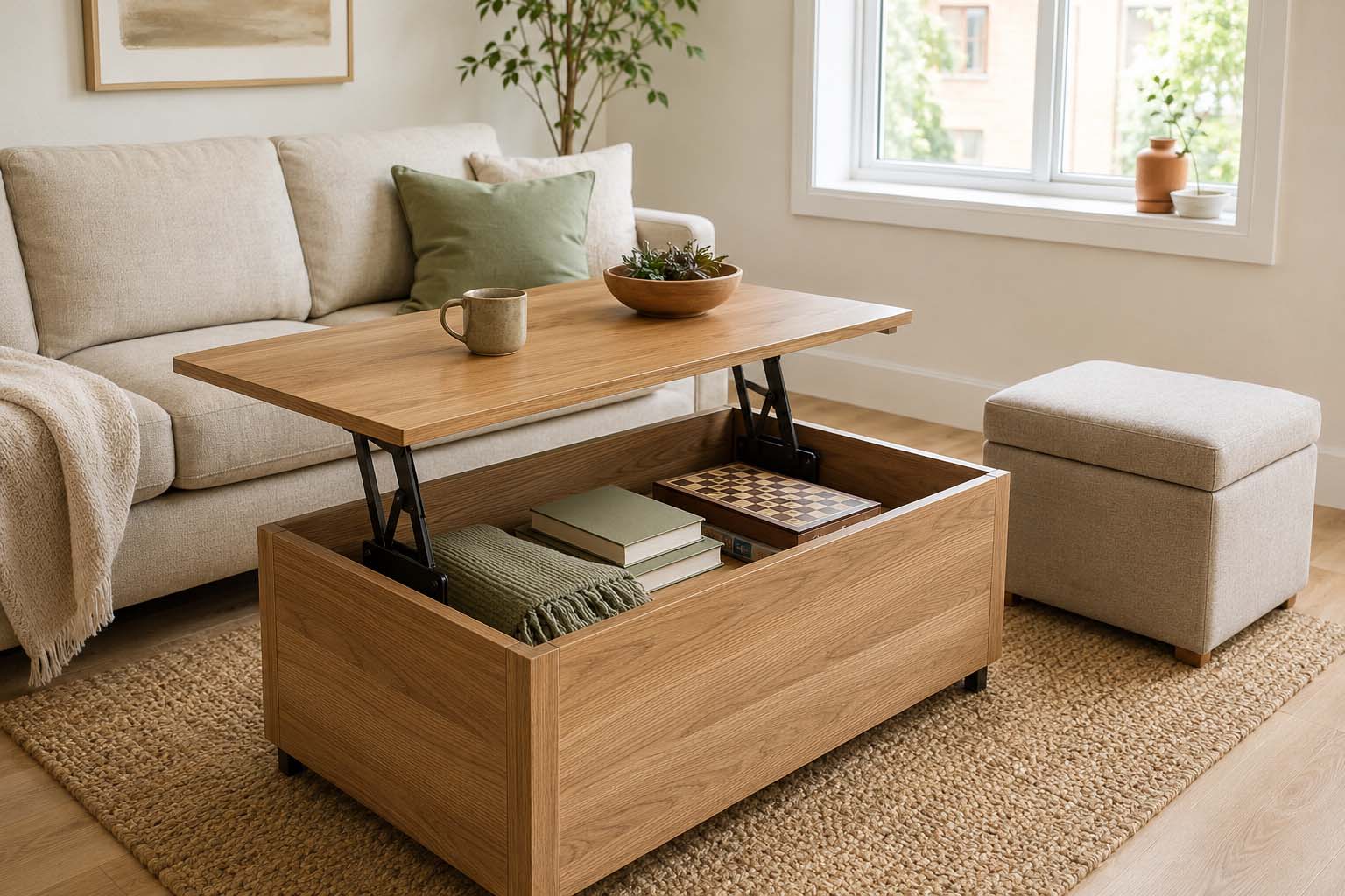 A lift-top coffee table with built-in storage for small spaces.