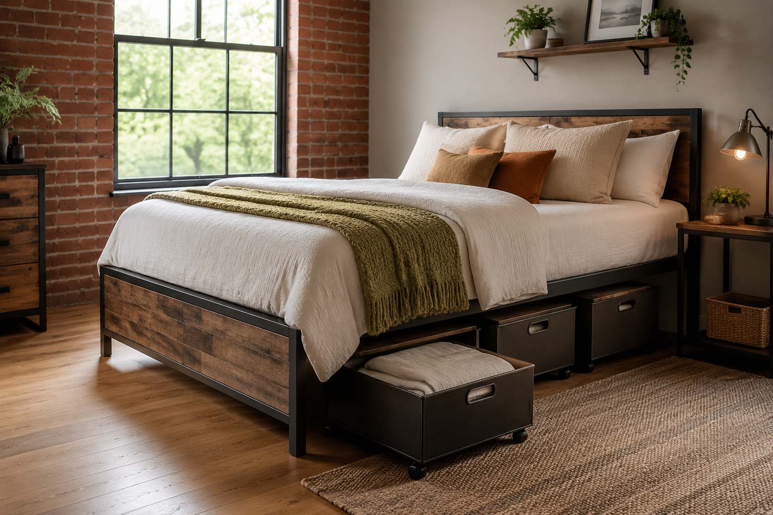 Industrial-style bedroom with organized storage bins under the bed for small space storage.