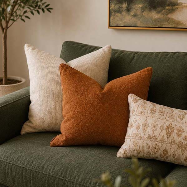 Close-up of a burnt orange accent pillow on a sage green sofa showing how a small accent color adds warmth and personality to a neutral living room.