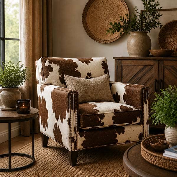 Animal print accent chair shows how to decorate with animal print as a statement piece in a modern living room.