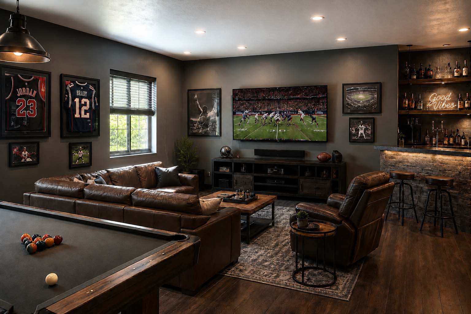 Modern man cave with gray walls, leather seating, sports-themed décor, pool table, and home bar