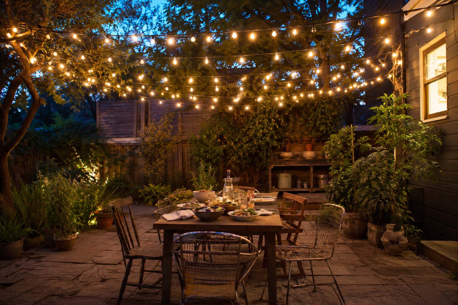 Lively backyard dining area beneath a canopy of string lights, demonstrating outdoor lighting ideas for a warm and inviting patio.