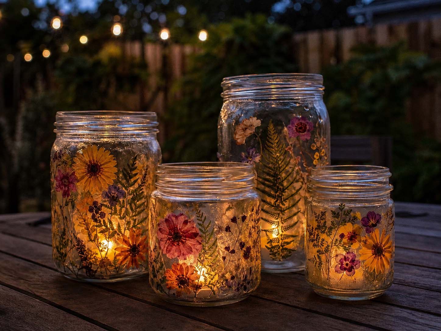 Pressed-flower mason jar luminaries glowing on an outdoor patio table, one of several handmade outdoor lighting ideas for a summer backyard.