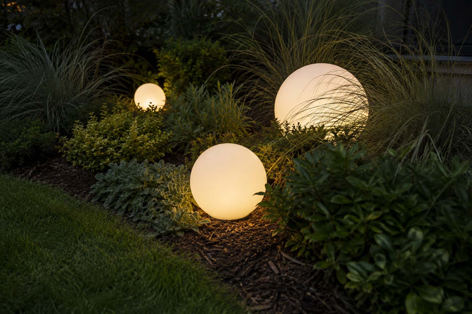 Three warm glowing garden orbs in different sizes nestled among ornamental grasses and shrubs, demonstrating outdoor lighting ideas for a garden bed.