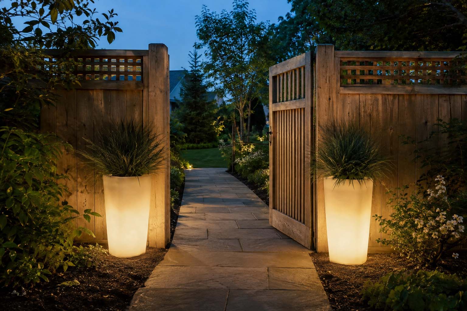 Two tall glowing planters frame a wooden garden gate and illuminate the stone walkway, demonstrating outdoor lighting ideas for a backyard entrance.