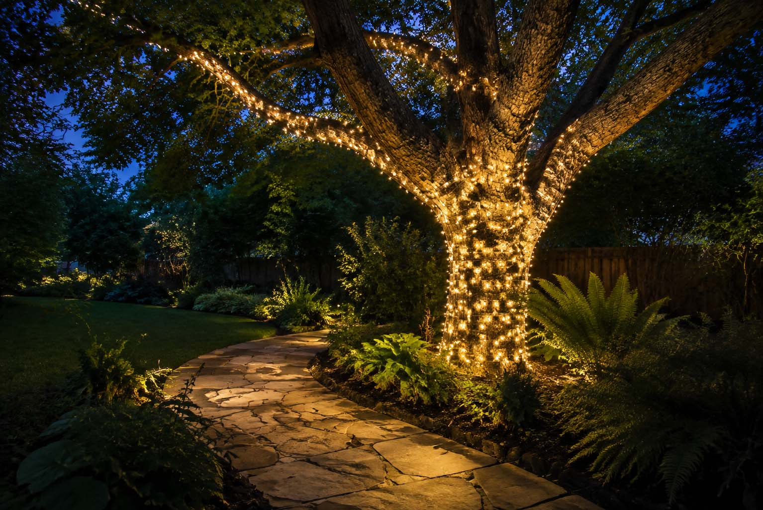 Tree wrap lights and individual strands illuminate a mature tree, nearby plants, and a curved garden path, demonstrating warm outdoor lighting ideas.