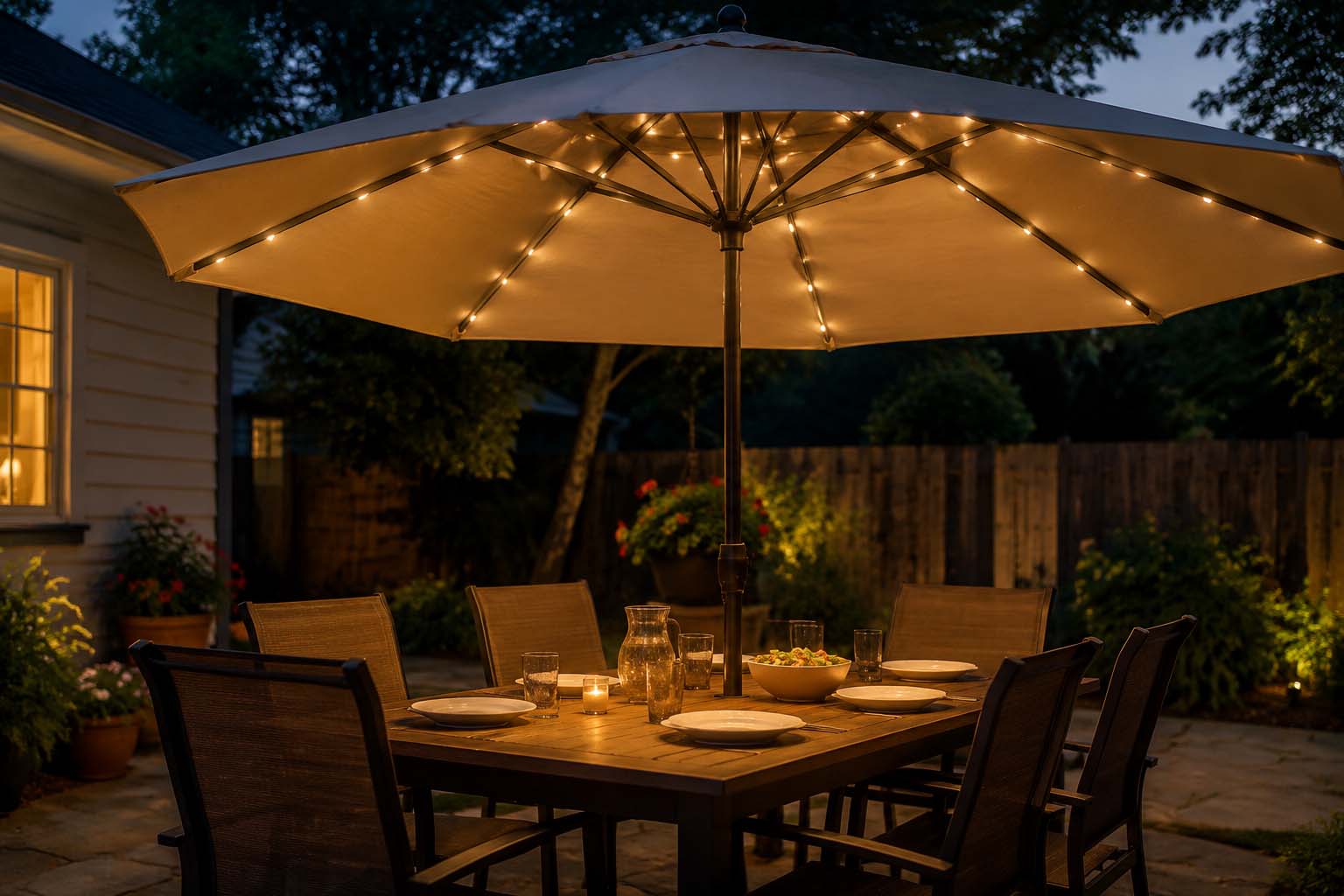Lighted patio umbrella rising through the center of an outdoor dining table, demonstrating warm and practical outdoor lighting ideas for a backyard.