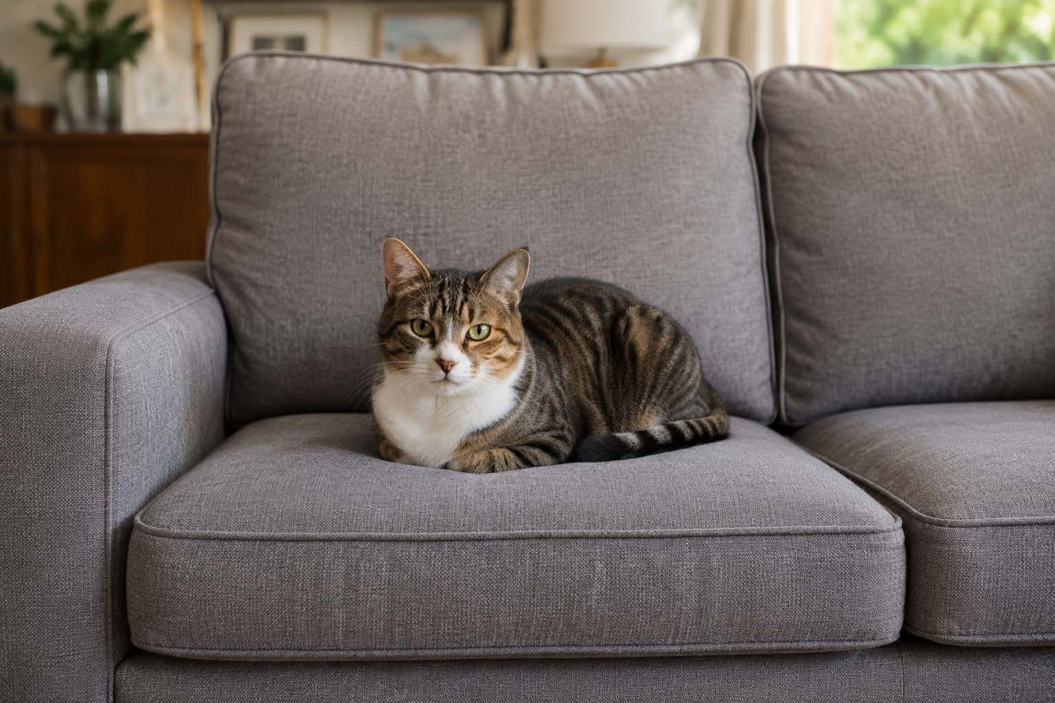Cat resting on a tightly woven microfiber sofa in a pet friendly living room.
