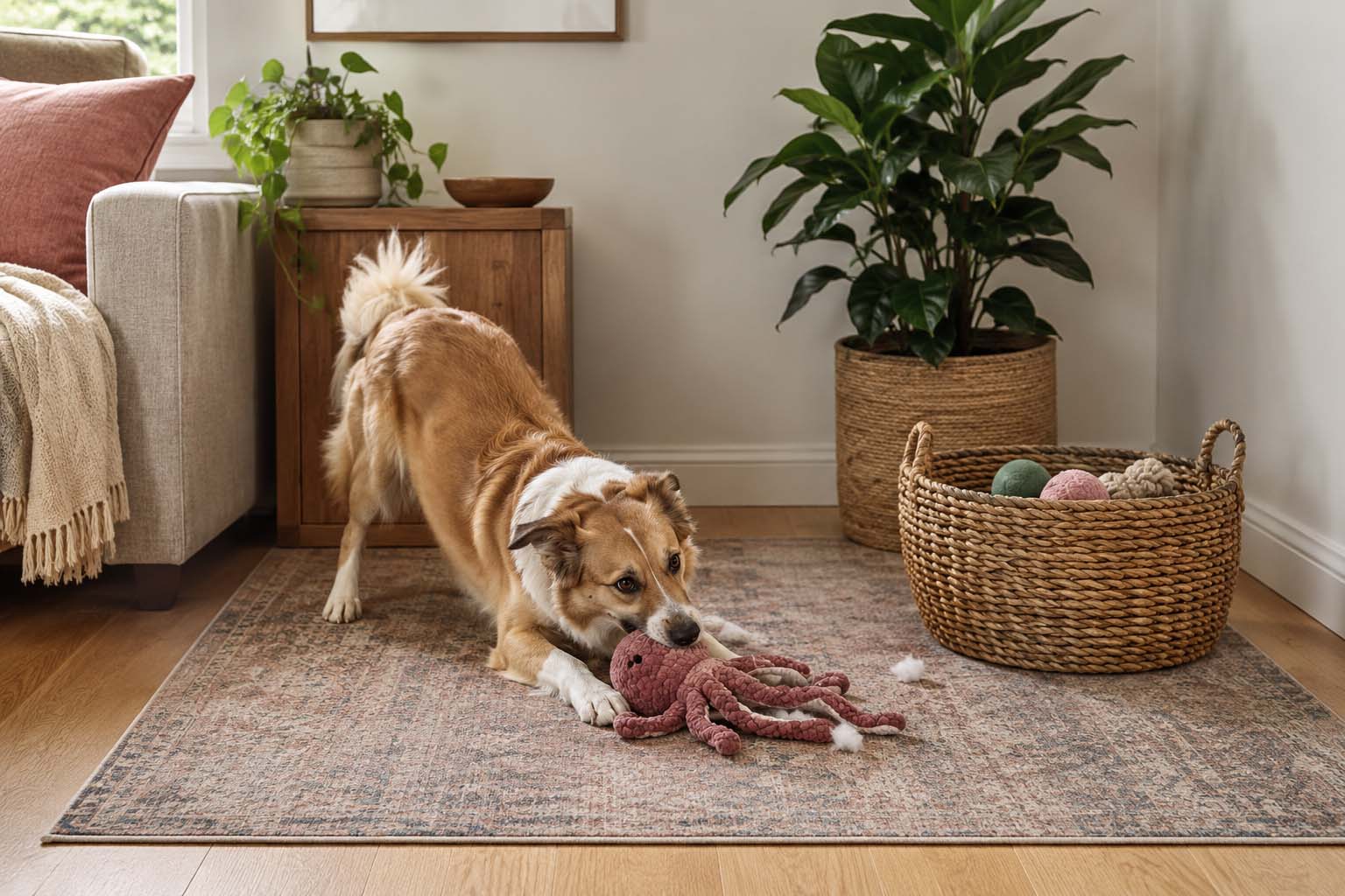 Dog playing with a plush octopus on a washable rug beside a woven toy basket in a pet friendly living room.