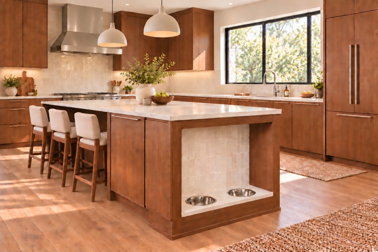 Pet friendly interior design in a modern kitchen with a built-in dog feeding station at the end of the island and three stools along the counter.