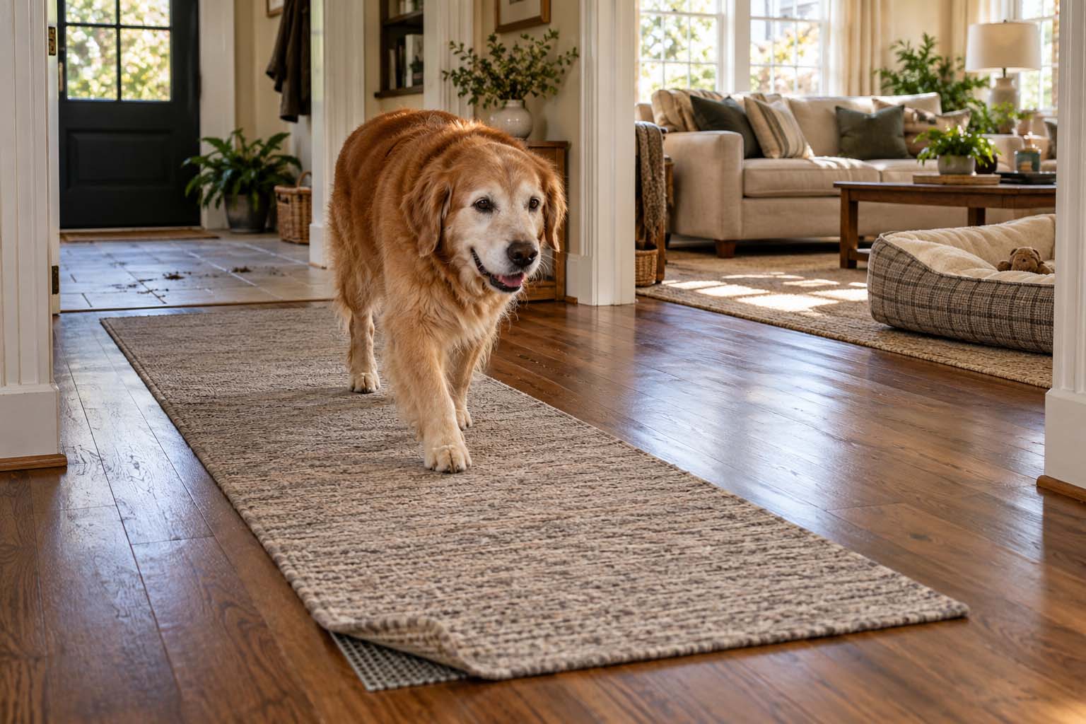 An older golden retriever walks along a low pile runner on hardwood flooring, with a nonslip rug pad visible beneath one corner.