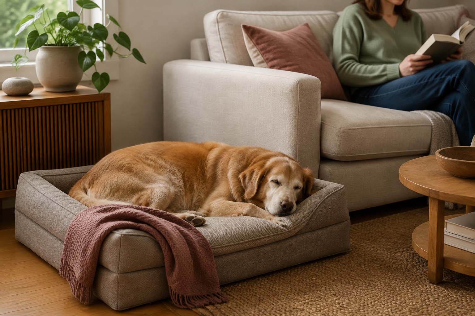 Senior dog sleeping on a coordinated orthopedic pet bed beside a woman reading on the sofa in a pet friendly living room.