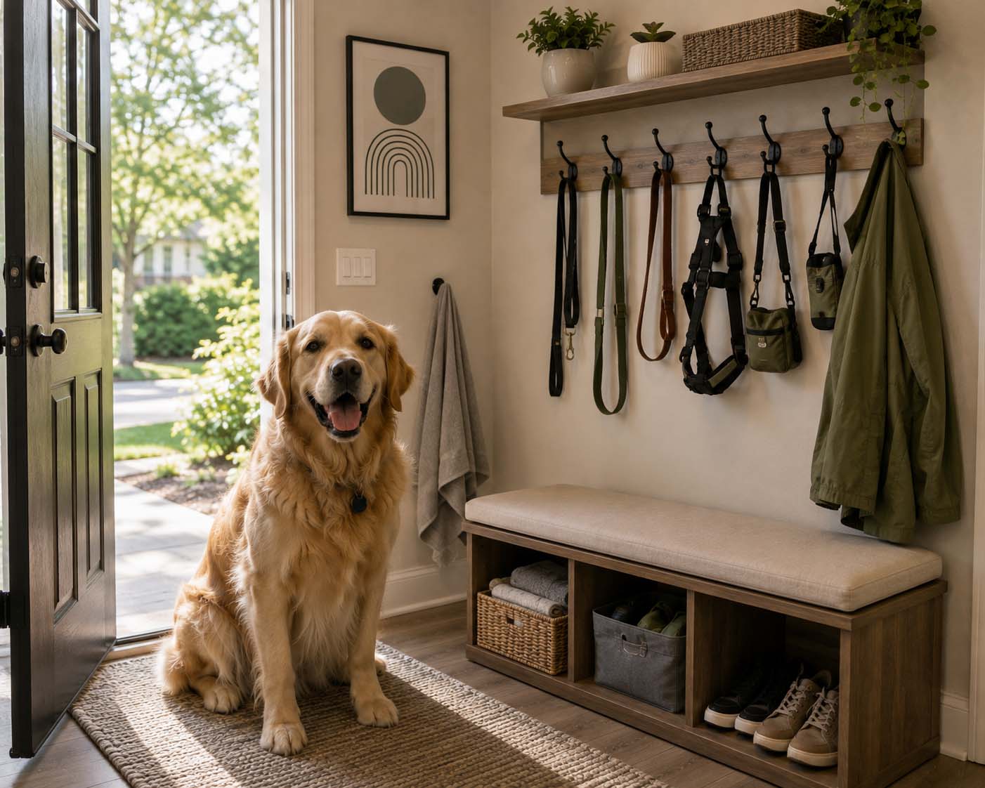 Pet friendly interior design with a happy golden retriever waiting by the door in a bright, organized entryway with a storage bench, washable runner, leash hooks, walking gear, and a paw towel ready for muddy feet.