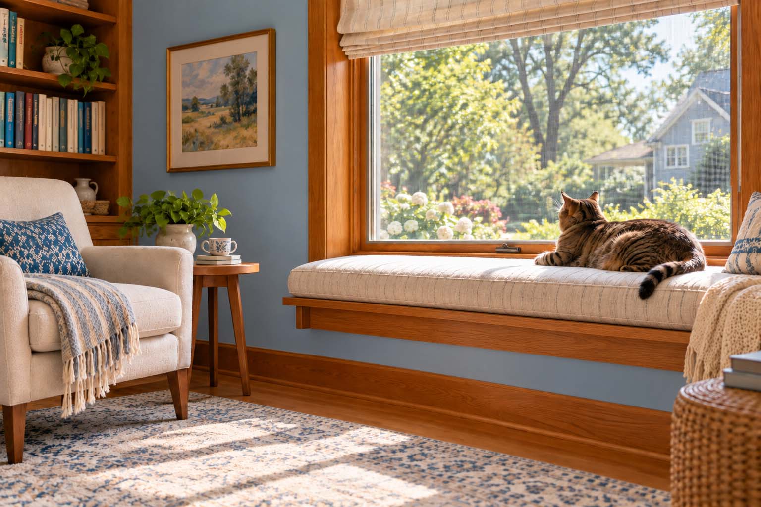 Pet friendly interior design with a cat resting on a deep window bench beside a screened window, near a chair and built-in bookshelves.