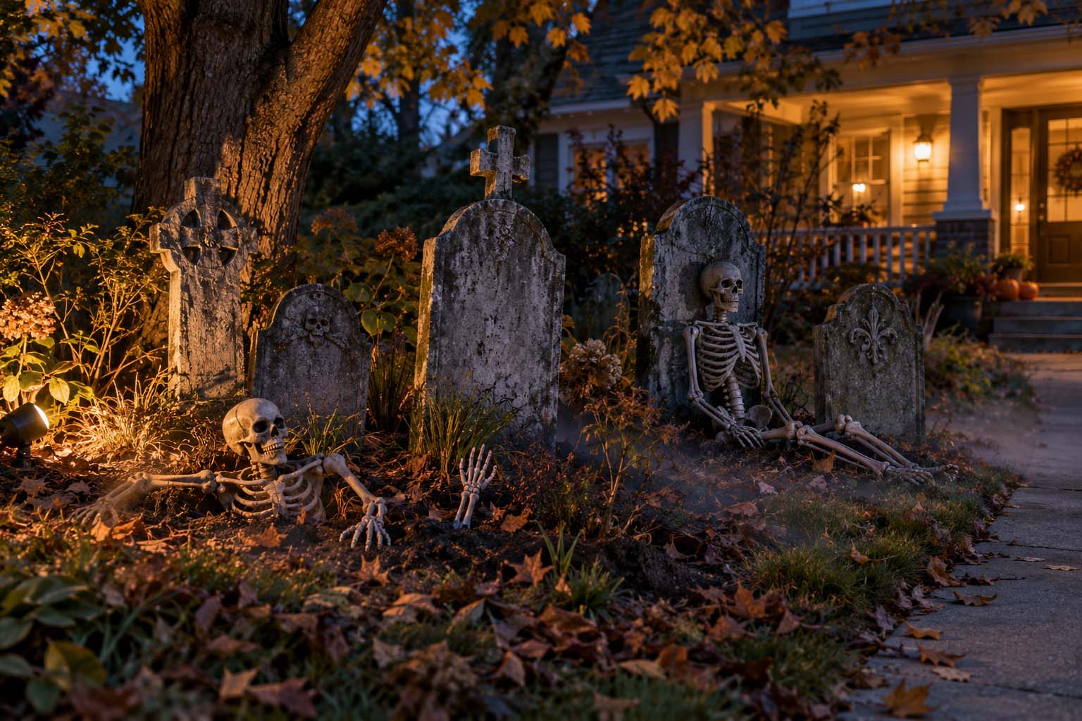 Halloween front yard graveyard with weathered tombstones, skeletons, and eerie lighting beneath a tree.