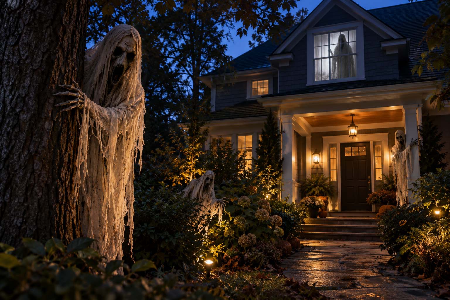 Halloween front yard decorations with ragged ghosts lurking behind a tree, among shrubs, and beside a porch column, plus a backlit ghost in the attic window.