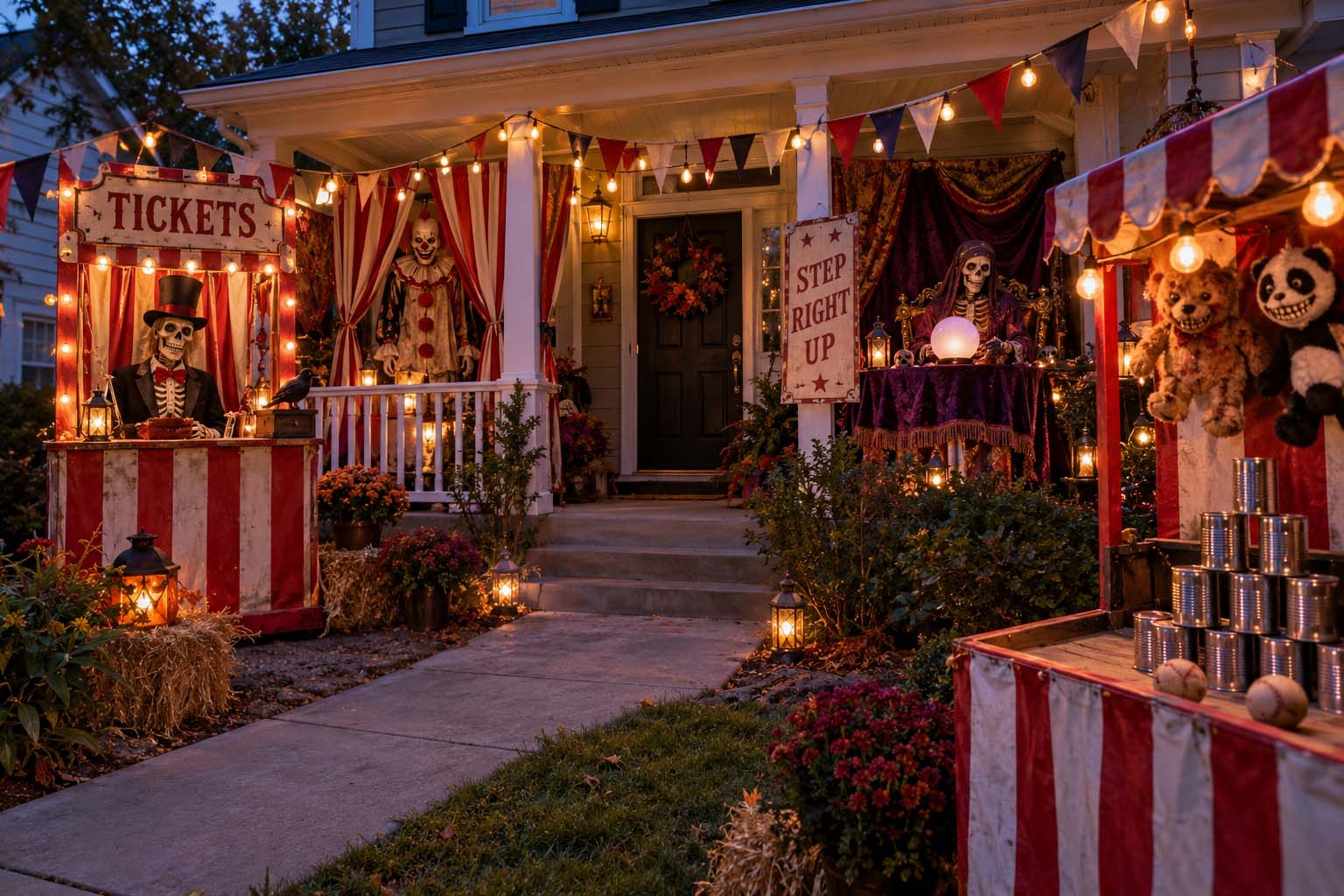 Haunted carnival Halloween front yard decorations with striped booths, skeletons, a creepy clown, and carnival games.