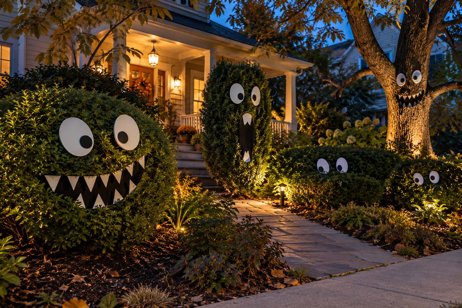 Halloween front yard decorations with oversized eyes and toothy mouths turning bushes and a tree into monsters beside a warmly lit walkway.