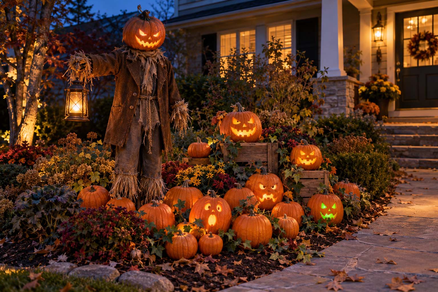 Halloween front yard pumpkin patch with glowing jack-o’-lanterns on wooden crates and a pumpkin headed scarecrow holding a lantern at dusk.