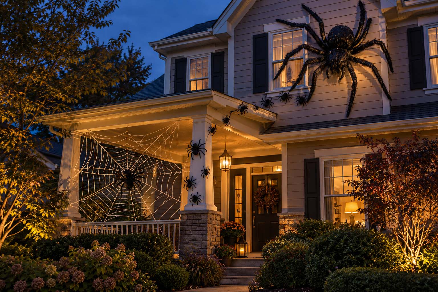 Halloween front yard decorations with a giant spider on the house, smaller spiders climbing a porch column, and a large web beside the entrance.