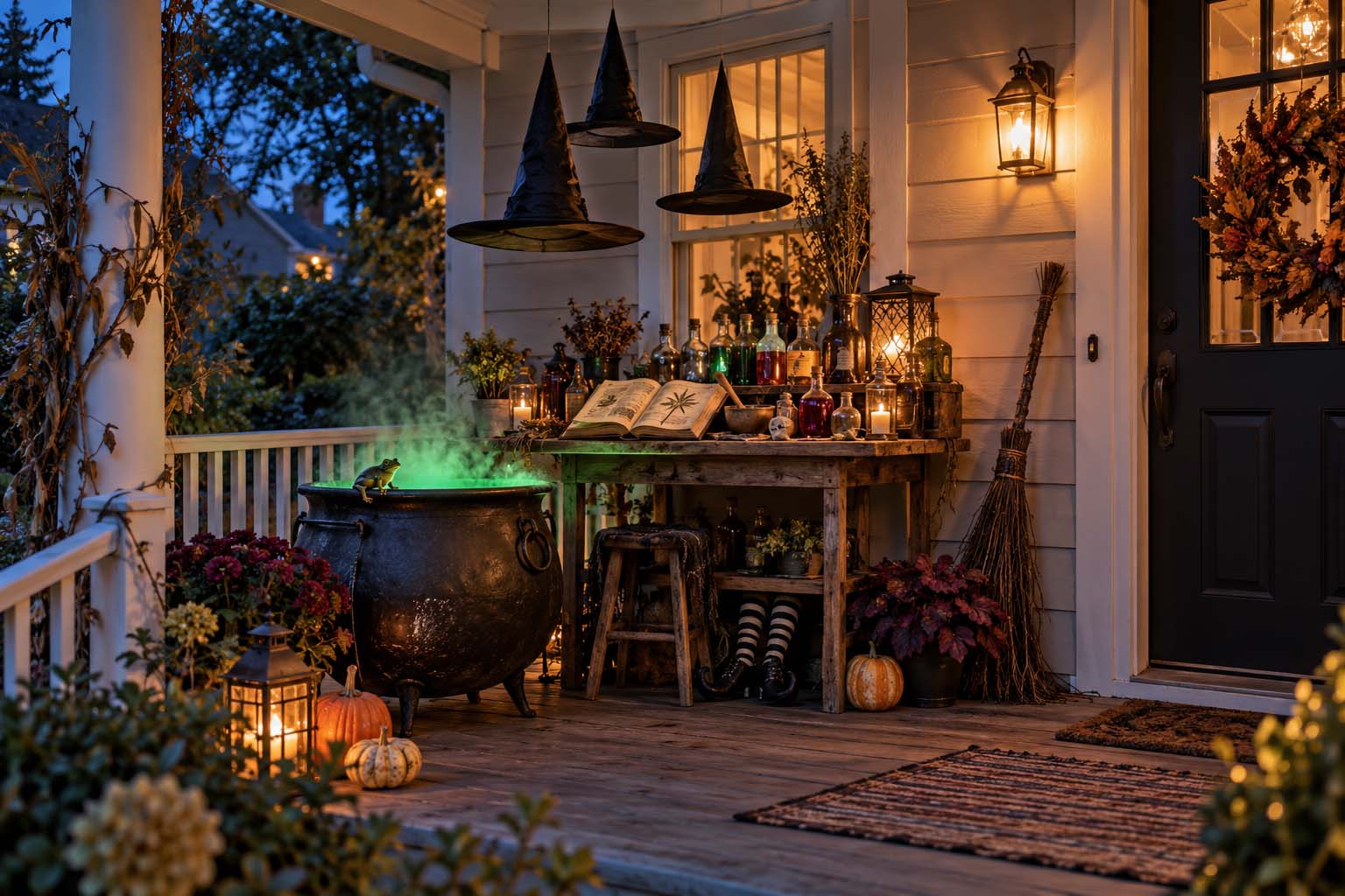 Halloween porch decorated as a witches’ lair with a glowing cauldron, potion bottles, an open spell book, floating witch hats, and a broom.