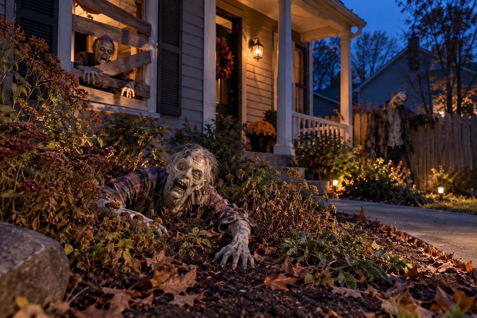 Halloween front yard decorations with zombie props crawling from a flower bed and reaching through a boarded window.
