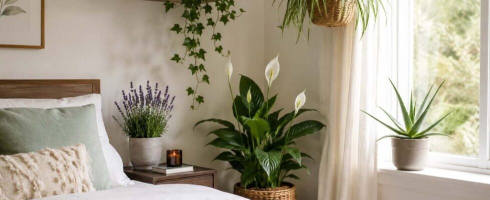 Calming bedroom featuring houseplants that can help you sleep, including lavender, English ivy, spider plant, peace lily, and aloe vera in natural daylight.