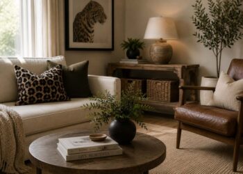 Modern living room decorated with animal print accent pillows, and wildlife-inspired artwork.