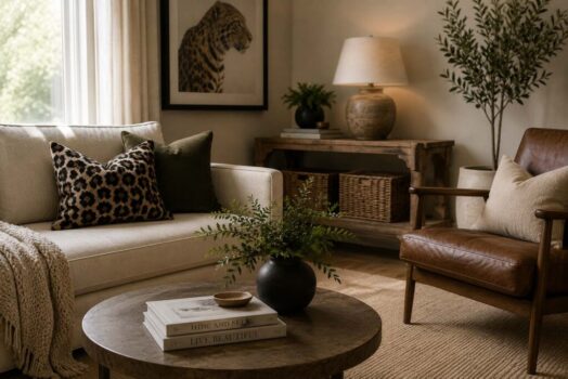 Modern living room decorated with animal print accent pillows, and wildlife-inspired artwork.