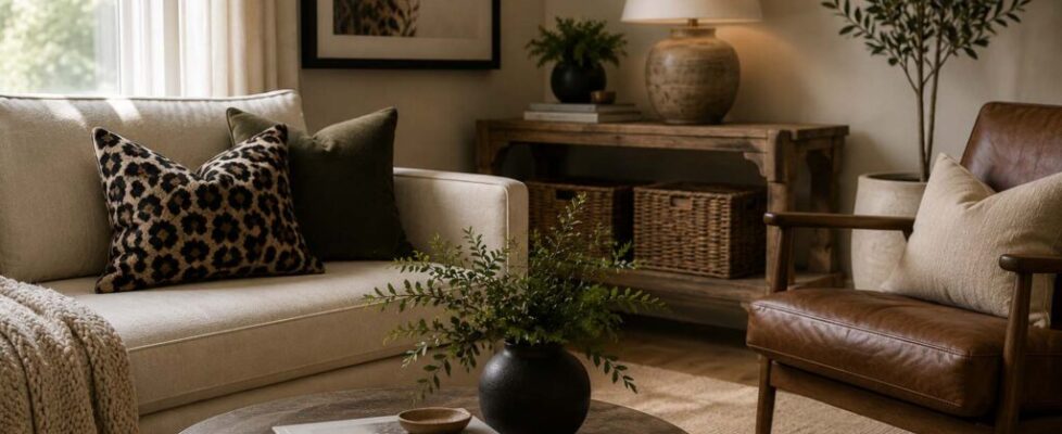 Modern living room decorated with animal print accent pillows, and wildlife-inspired artwork.