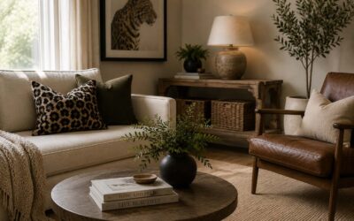 Modern living room decorated with animal print accent pillows, and wildlife-inspired artwork.