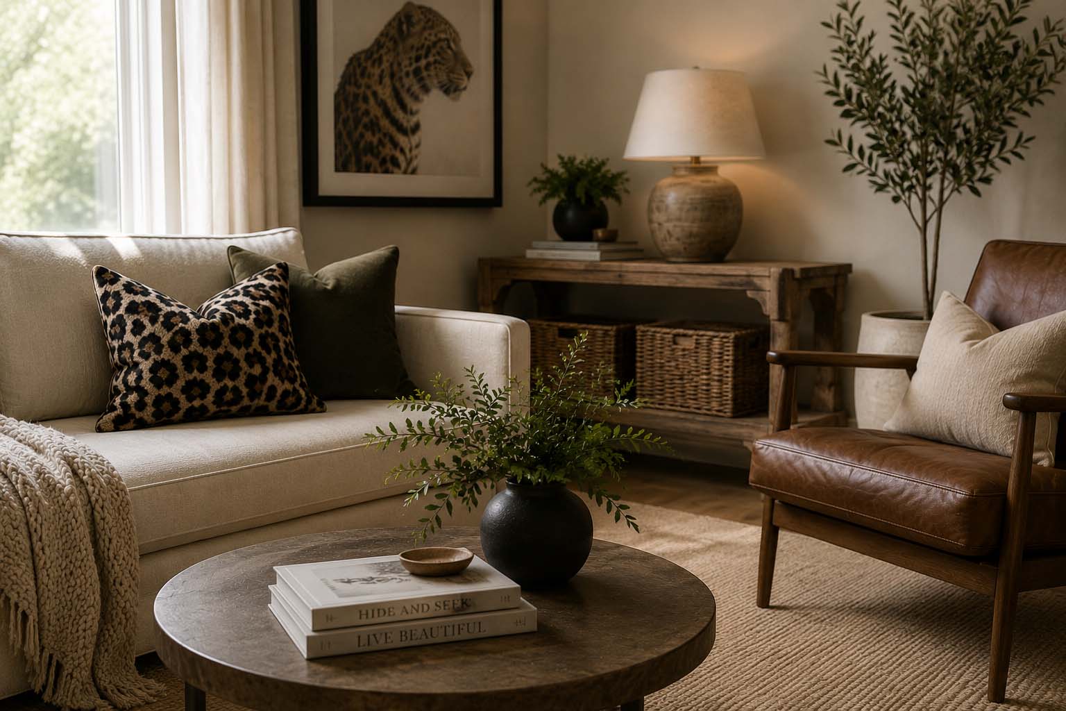 Modern living room decorated with animal print accent pillows, and wildlife-inspired artwork.