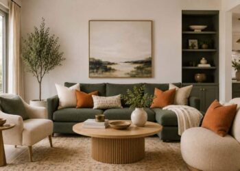 Modern living room illustrating the 60-30-10 rule of design with warm neutral walls, a deep olive green sofa, and terracotta accent pillows.