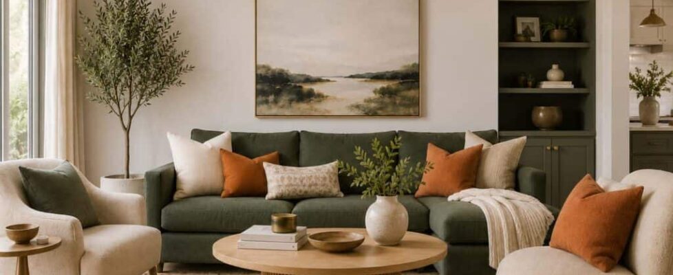 Modern living room illustrating the 60-30-10 rule of design with warm neutral walls, a deep olive green sofa, and terracotta accent pillows.