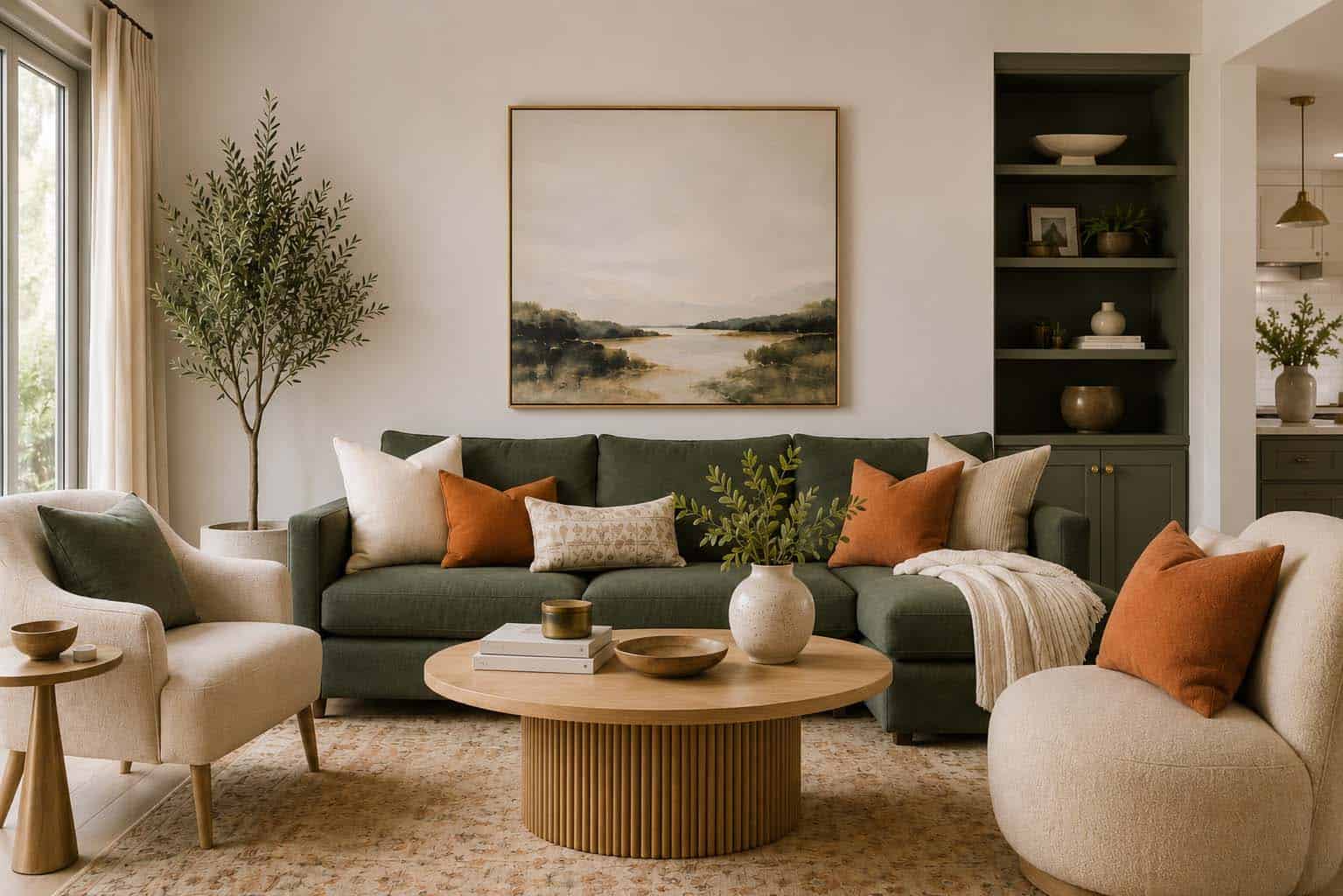 Modern living room illustrating the 60-30-10 rule of design with warm neutral walls, a deep olive green sofa, and terracotta accent pillows.