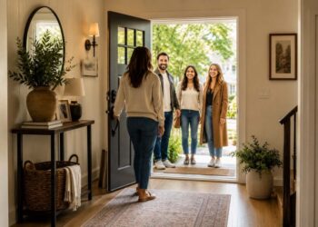 Homeowners welcoming guests at the front door of a bright contemporary entryway, illustrating the first things guests notice about your home.