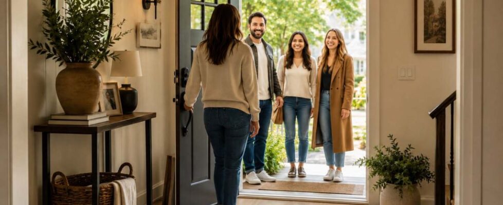 Homeowners welcoming guests at the front door of a bright contemporary entryway, illustrating the first things guests notice about your home.