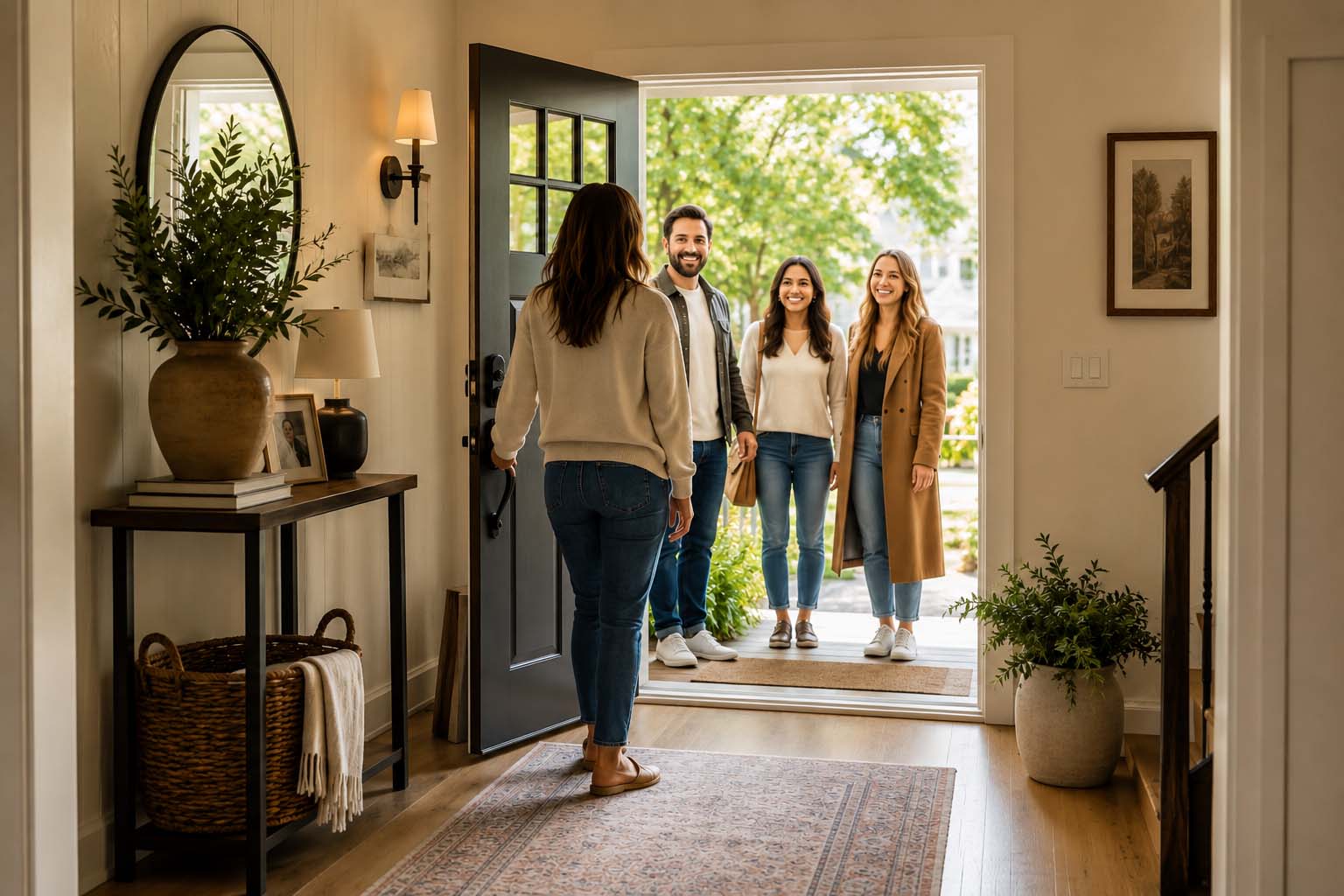 Homeowners welcoming guests at the front door of a bright contemporary entryway, illustrating the first things guests notice about your home.